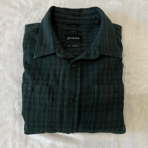 Prana Mens Slim Fit Flannel Shirt Medium Button Down Long Sleeve Green Black - Picture 1 of 7
